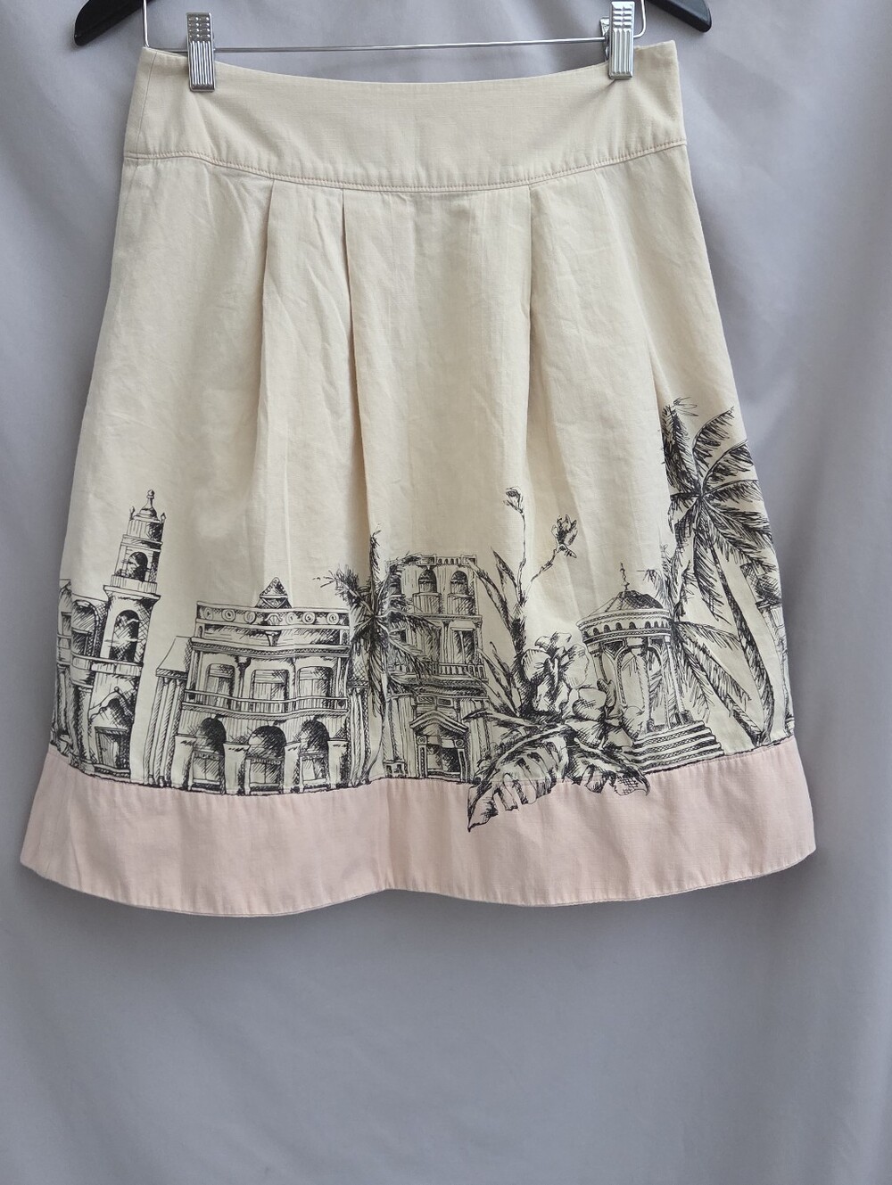 Cream A-Line Skirt with Light Pink Hem and Architectural Print